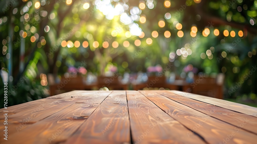 Poster empty wooden table with party in garden background blurred : generative ai