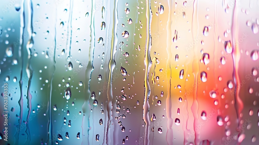 Aufkleber closeup through window of rainy day with water dripping down glass against blurred colorful backgrou