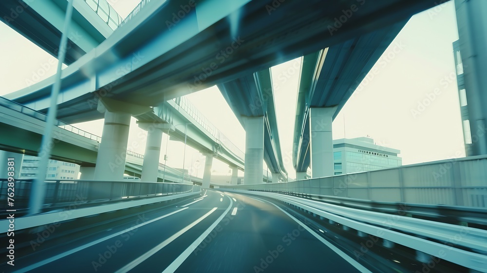 Aufkleber highway overpass motion blur with city background : generative ai