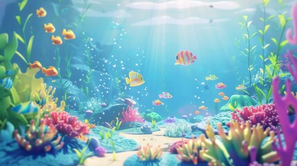 Fototapeta na wymiar Animated 3D underwater scene with 2D cartoon fish swimming among coral
