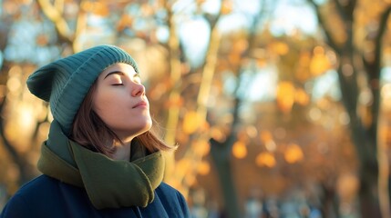 Naklejka premium Calm girl in blue coat and green hat and coat closing eyes while spending sunny day on blurred background of autumn park in a cold day in donostia san sebastian spain : Generative AI