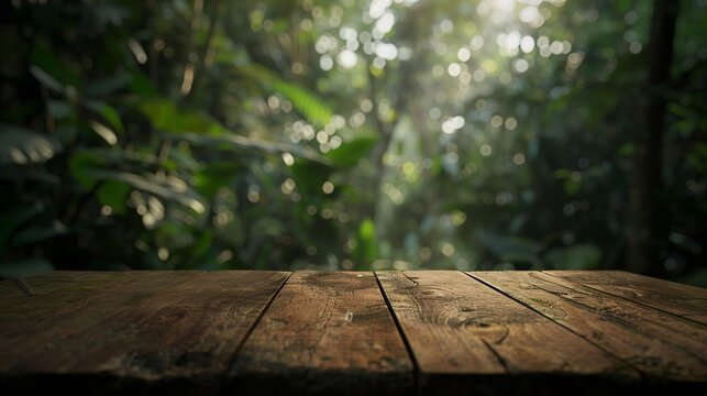 The empty wooden table top with blur background of Amazon rainforest Exuberant image : Generative AI
