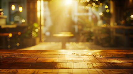 empty wooden table to showcase your product on blurred golden bokeh cafe background : Generative AI