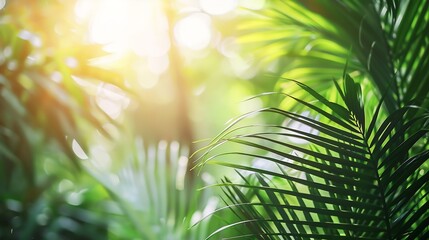closeup of lush green tropical vegetation jungle with palm leaves in sunshine beauty in tropical nature banner concept for wallpaper travel vacation : Generative AI