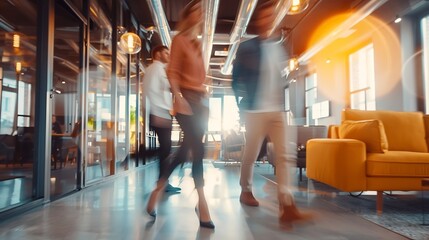 motion blur of modern entrepreneurs in casual clothes walking along lounge corridor with comfortable couches in coworking office with high tech interior movement collaboration dynamic  : Generative AI - Powered by Adobe