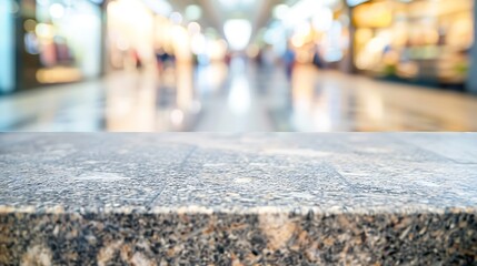 Stone table top and blurred shopping plaza background  can used for display or montage your products : Generative AI