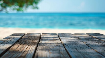 Empty rustic wooden table on blur background of beautiful beach for mockup summer product display or travel ad Picnic table with customizable space on tabletop for editing Flawless : Generative AI