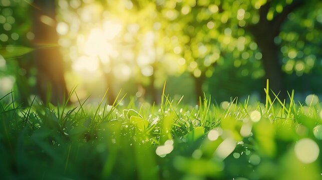 City lawn view Green nature in spring eco garden Summer abstract blur background Urban trees leaves Light blurry out focus bokeh Soft plant Sunny sky foliage park grass Bright color su : Generative AI