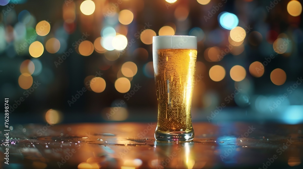 Poster Glass of chilled beer on table and blurred sparkling bar background : Generative AI