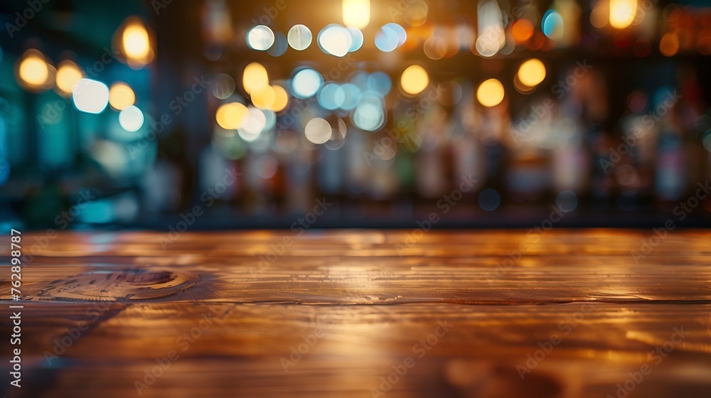 Poster wooden bar counter with blurred background and bottle restaurant bar or cafeteria background : gener