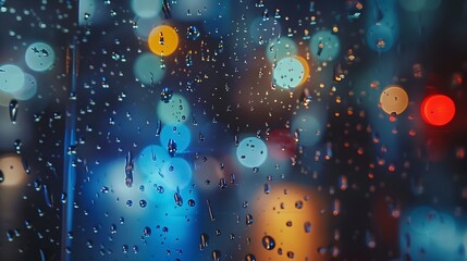 Raindrops on a window glass and unfocused lights of a night or evening city Blurred Background of...