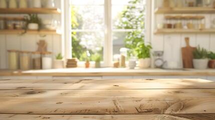 Wooden table on blurred background of kitchen window and shelves : Generative AI