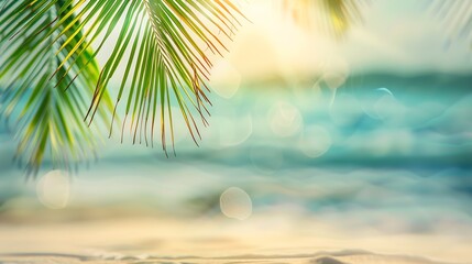 Fototapeta na wymiar Blur beautiful nature green palm leaf on tropical beach with bokeh sun light wave abstract background Copy space of summer vacation and business travel concept Vintage tone filter effe : Generative AI