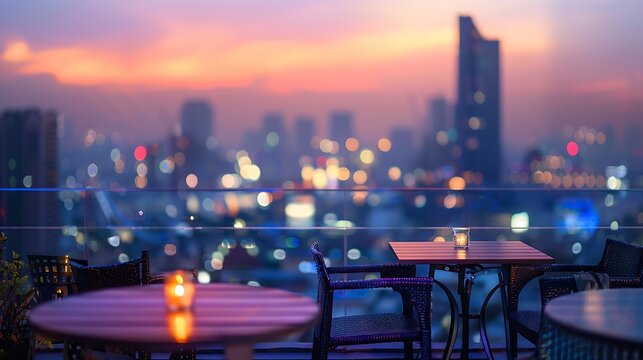 Rooftop party concept Blurred dining table restaurant with beautiful city view at twilight scene background Bangkok Thailand Asia : Generative AI