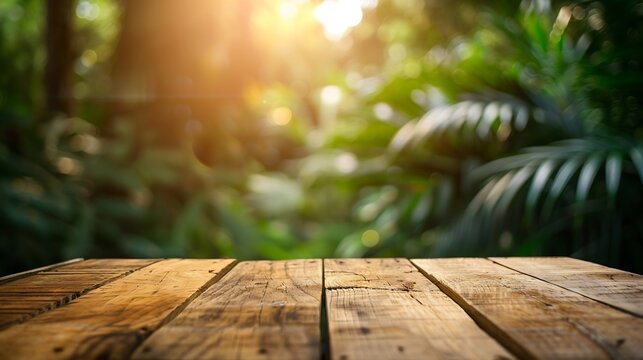The empty rustic wooden plank table top with blur background of jungle Exuberant image : Generative AI