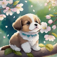 Fotobehang 벚꽃 나무 위에 올라가 있는 귀여운 아기 강아지 © 은주 최