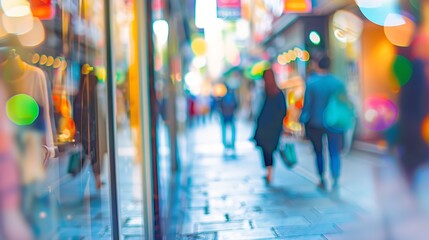 Blurred picture of a sidewalk scene where blurred figures pass by swiftly surrounded by colorful storefronts bustling traffic and the rhythm of urban life : Generative AI
