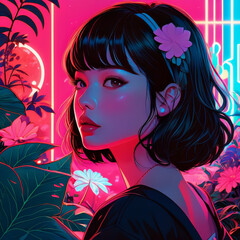 Naklejka premium Beautiful girl with flowers in her hair. Vector illustration of a beautiful girl.