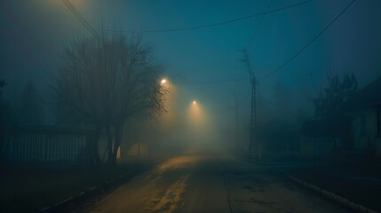 Selective blur on an smoggy foggy empty road street in the village of Vladimirovac in Vojvodina Banat Serbia in the countryside with a smog and fog during a cold freezing evening dusk  : Generative AI - obrazy, fototapety, plakaty