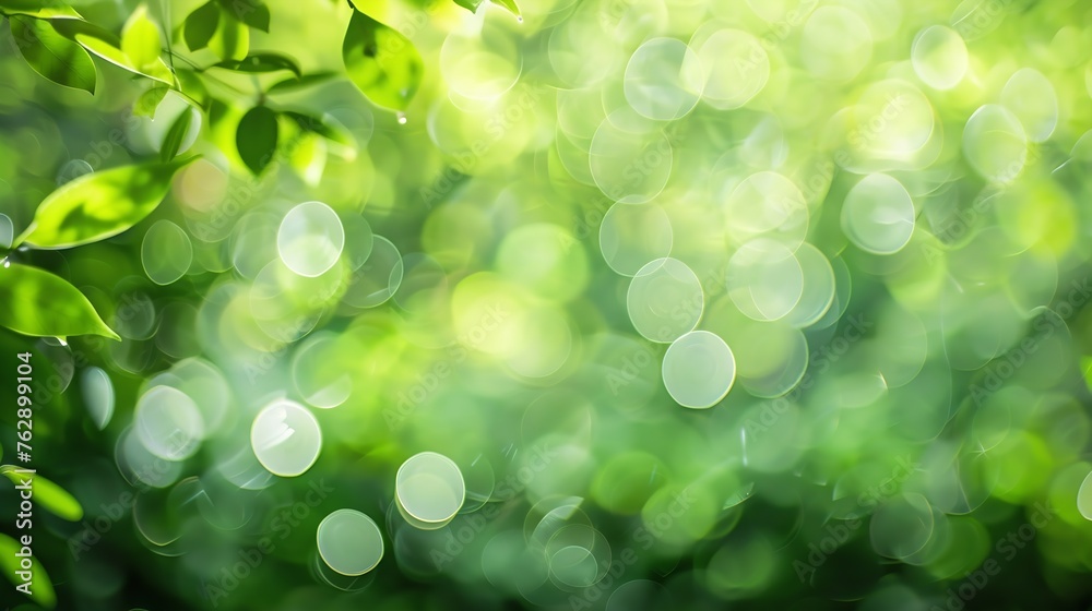 Poster Green color abstract blur bokeh background from tree and light in natural garden : Generative AI