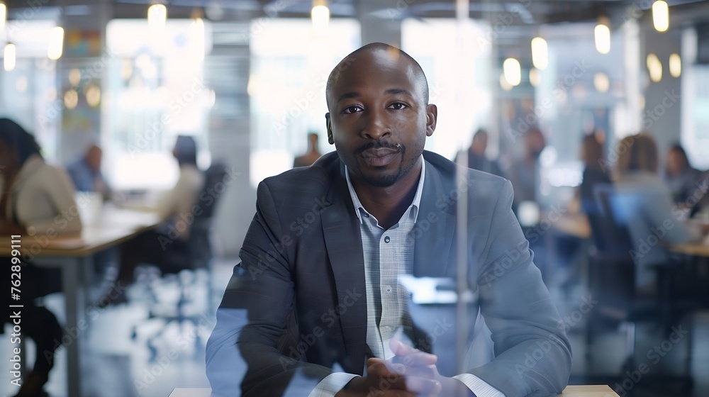 Poster portrait of businessman sitting on desk in busy multicultural office with motion blurred colleagues 