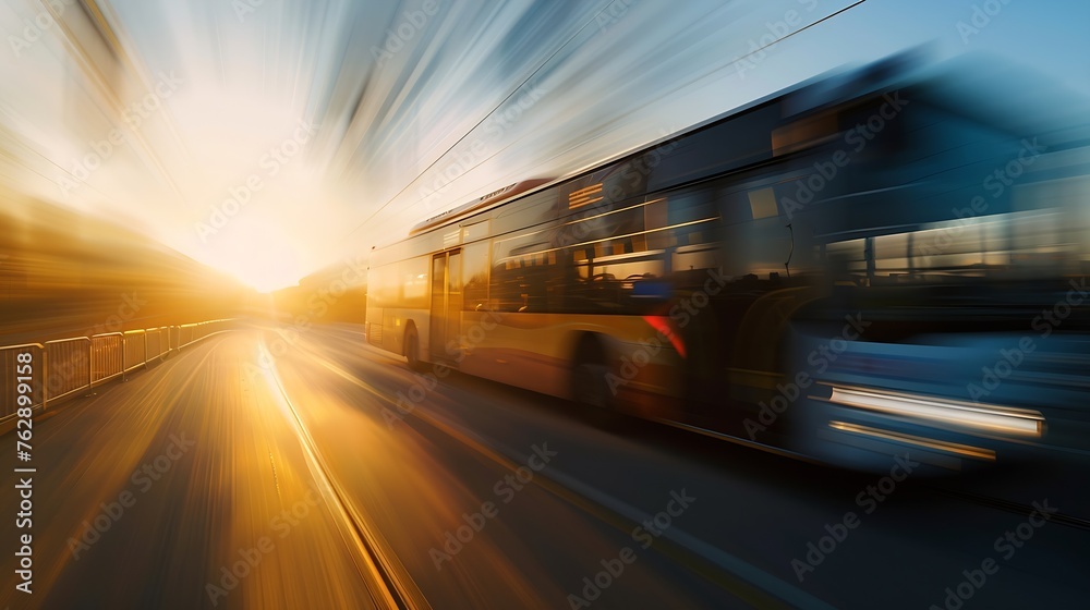 Poster bus driving moving at high motion blur effect speed on a road in the sunset : generative ai