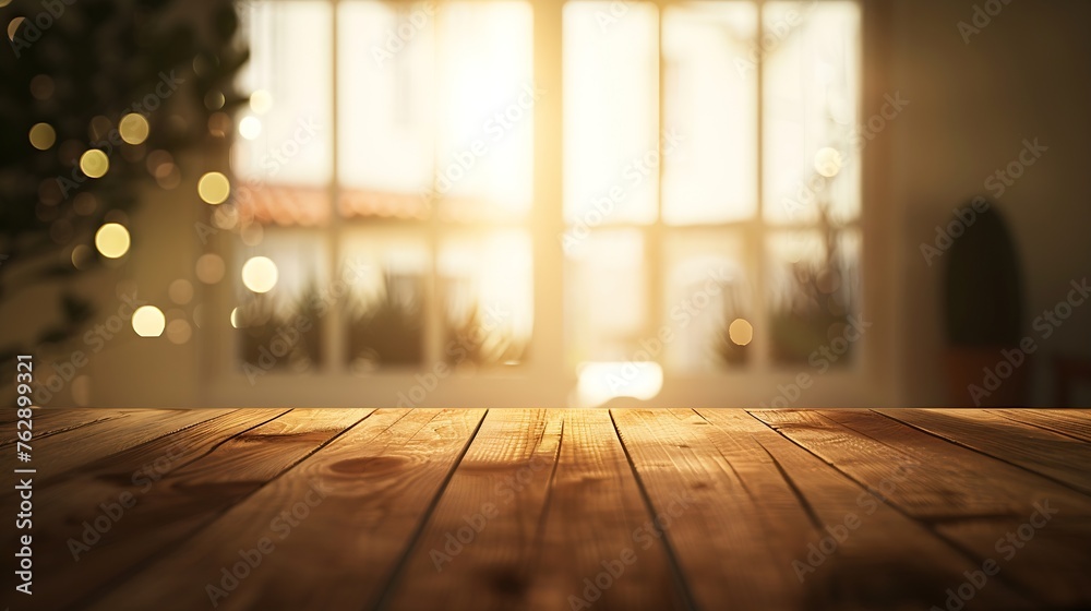 Poster The empty wooden brown table top with blur background of home room in winter Exuberant image : Generative AI