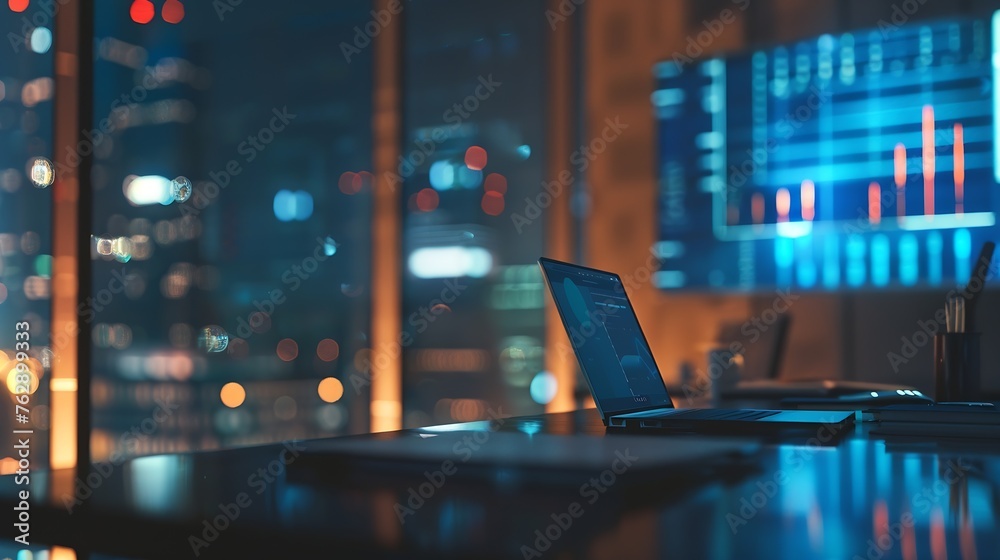 Aufkleber Blurred office background Modern Empty Meeting Room with Big Conference Table with Various Documents and Laptop on it Wall TV Showing Company Statistics Graphs Late Evening or Night Ci : Generative AI