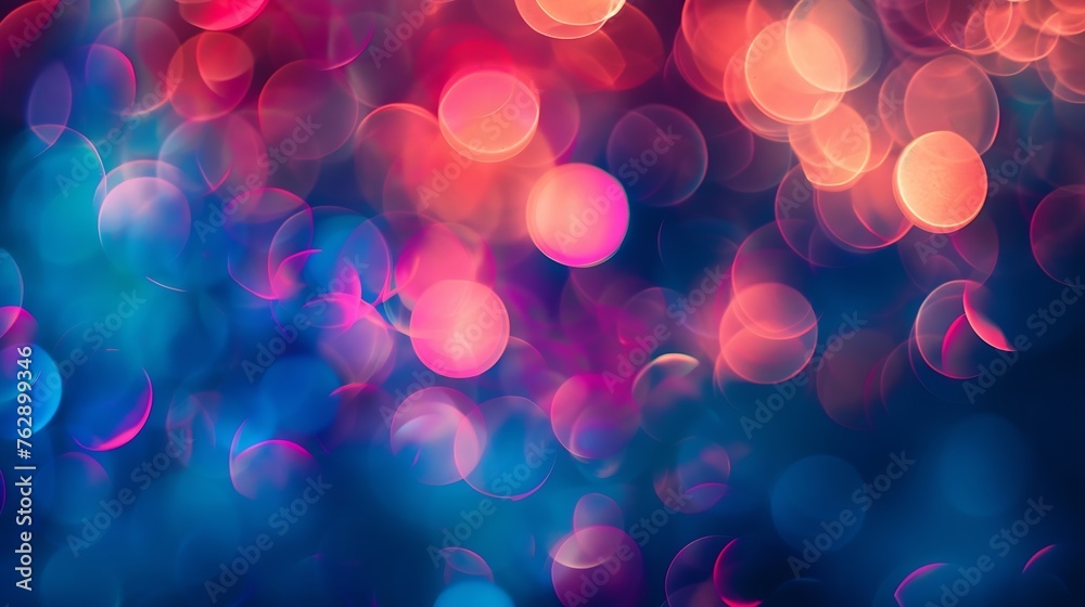 Poster Blur color flare Neon glow background Bokeh radiance reflection Defocused fluorescent blue pink light gleam on dark abstract overlay : Generative AI