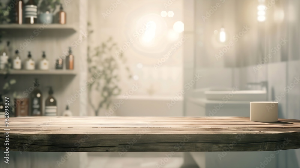 Aufkleber Empty tabletop for product display with blurred bathroom interior background : Generative AI
