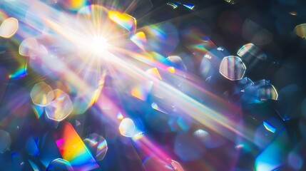 Blue light flare prism rainbow flares overlay effect on black background light crossing crystals prismatic sun catcher reflections rays Abstract blurred colourful lens flare bokeh on d : Generative AI