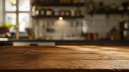 beautiful brown wood table top kitchen interior background and blurred defocused with daylight flare bokeh product montage display : Generative AI - obrazy, fototapety, plakaty