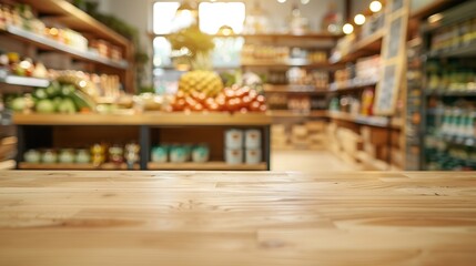 Shinny empty natural wooden counter top in an ecofriendly grocery store with beautiful wooden products shelf in background Nobody Healthy products display Day light Blurred Selective f : Generative AI