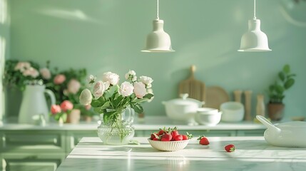 Clean and empty marble countertop green vintage kitchen furniture with lots of flowers and bowl of strawberries pair of white hanging pendant lights various crockery in blurred backgro : Generative AI