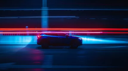 Fotobehang blue car lights at night long exposure : Generative AI © Generative AI