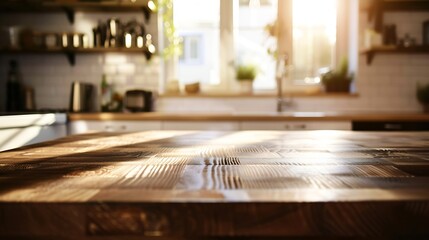 Beautiful empty brown wooden table top and blurred defocused modern kitchen interior background with daylight flare product montage display : Generative AI - obrazy, fototapety, plakaty