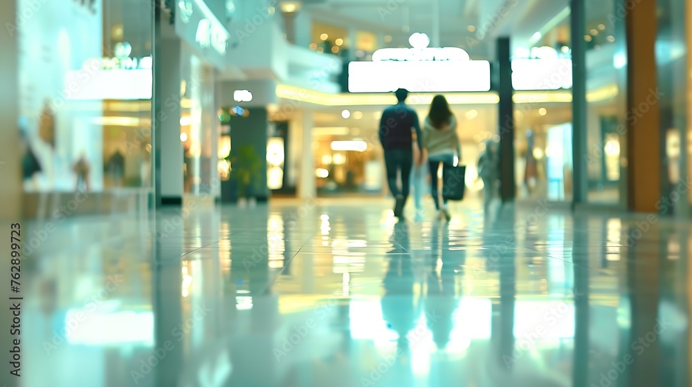 Poster Blurred background with bokeh light in luxury fashion shopping mall with shop window and display modern model  from stores with women and men customer walking in walkway hallway in dep : Generative AI