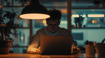 Positive male remote worker using netbook for online project while working on hoffice at table in blurred background : Generative AI