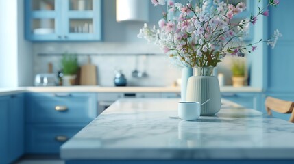 Empty and clean marble dining table in scandinavian kitchen Modern monochrome interior with blue drawers on wooden furniture Tablewear and vases with flowers : Generative AI