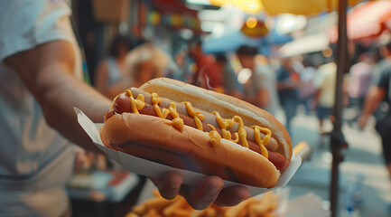 Close-up shot of man selling hotdog in busy city street with copy space
