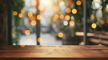 empty table to showcase your product against the background of a blurred cafe golden bokeh :...
