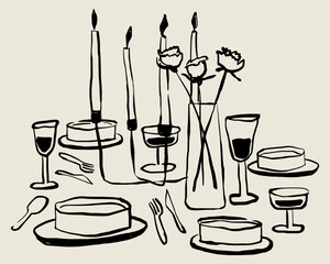 Ilustración vectorial de mesa de cena con velas, vino, flores y platos. Dibujo a mano de cena. Ilustración minimalista. Ilustración para invitaciones, papelería, imprimibles, redes sociales