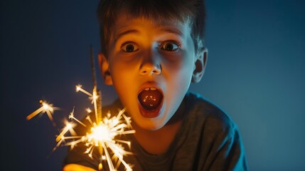 High angle view of scared boy holding sparkler : Generative AI - Powered by Adobe