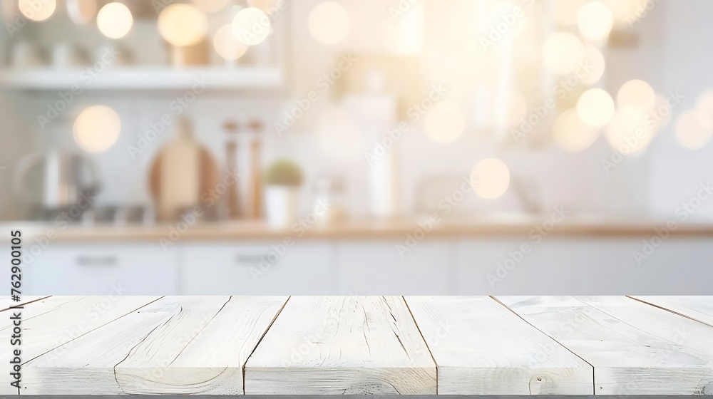 Poster white table background over blur bokeh light for product display white wood desk counter shelf surfa