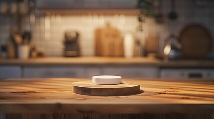 Obraz premium Pedestal for product on wooden table in blurred kitchen interior : Generative AI