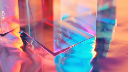 Abstract background with closeup shot of glossy crystal block with multicolored gradient reflection on blurred mirror surface : Generative AI