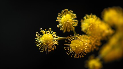 Yellow flower of mimosa on black background with motion blur : Generative AI