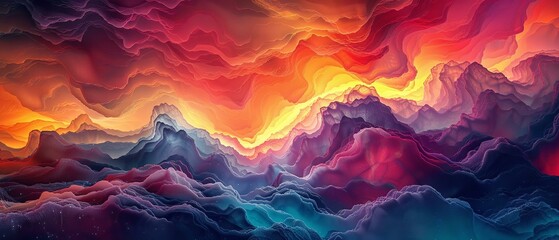 Vibrant digital landscape, 3D abstract art, flowing colors and shapes