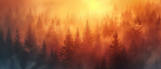 Sunrise over a misty forest, warm colors, serene atmosphere