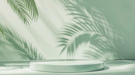 Fototapeta na wymiar Minimal abstract background for the presentation of a cosmetic product Premium podium with a shadow of tropical palm leaves on a pastel green wall and gray table Showcase display case : Generative AI